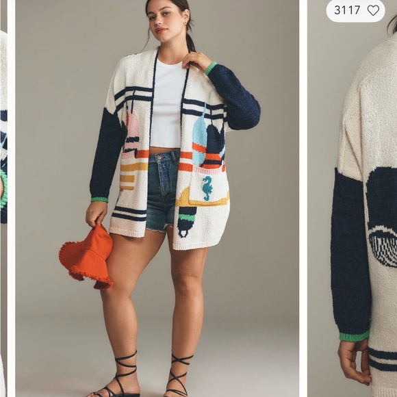 Anthropologie Maeve Whale Seahorse Sea Life Cardigan Statement Knit Sweater  S/M - Picture 5 of 9